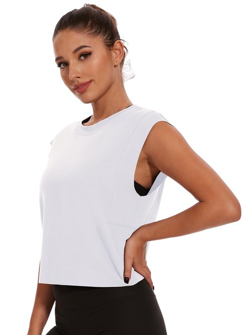 Cotton Cropped Tank Tops for Women Sleeveless Sports Shirts Athletic Yoga Running Gym Workout Crop Tops White L