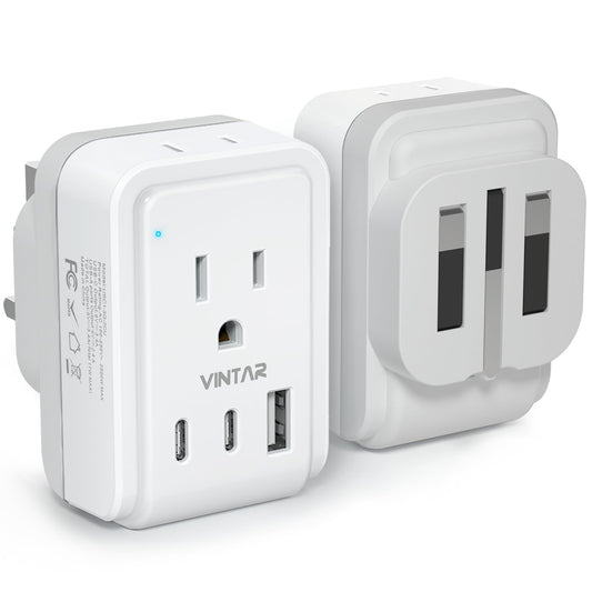 1 Pack UK Adapters for Travel, VINTAR Foldable Ireland Plug Adapter, Type G Pulg Adapter with 2 Outlets and 3 USB Ports(2 USB C), 5 in 1 UK Power Adapter for US to England London Scotland Hong Kong