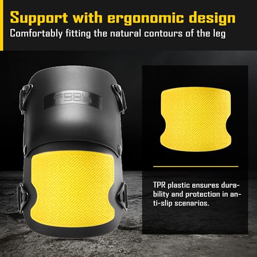 COOLJOB Heavy Duty Knee Pads with Anti-slip Strong Double Straps, Safety Work Knee Pads with Foam Padding for Men Women, Ideal for Gardening Construction Home Improvement, 1 Pair, Black/Yellow