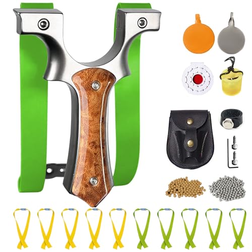 Yellow Stainless Steel Slingshot for Adults - Hunting & Target Practice Kit with 100 Ammo Balls & 10 Bands