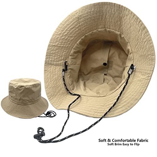 Woogwin Waterproof Bucket Hat with Chin Strap - Quick Dry, Packable Sun & Safari Hat, Khaki, Medium-X-Large
