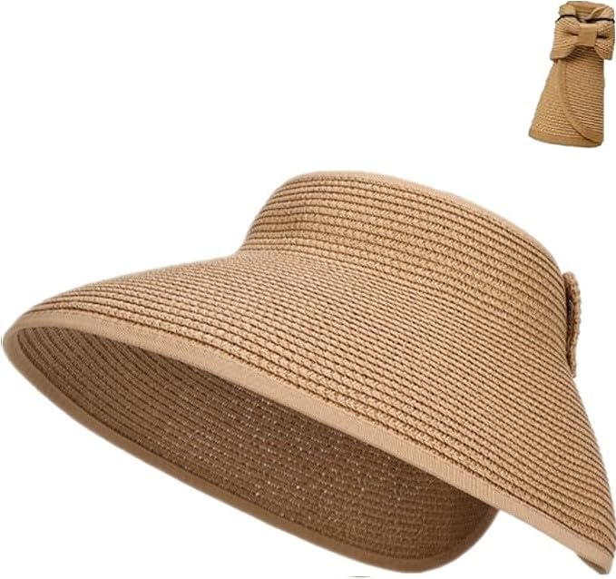 Wide Brim Straw Sun Visor Hat for Women - Khaki, Foldable & Packable