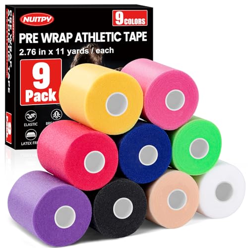 9 Pack Pre Wrap Athletic Tape - 2.76 Inch x 11 Yards, 9 Colors