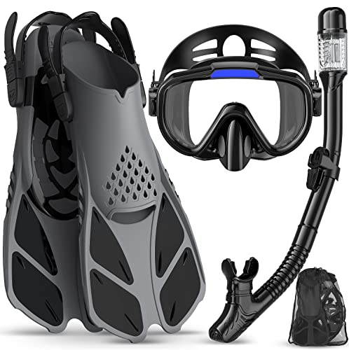 4-in-1 Snorkeling Gear Set for Adults - Mask, Snorkel & Fins - Black ML/XL