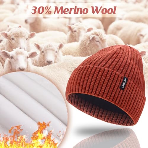 MUTKIS Beanie Hat 30% Merino Wool Knit Black – Unisex Warm Lined Winter Hat