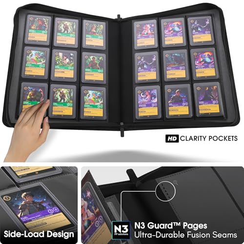 FORZAROCKET Black 9-Pocket Toploader Binder for Trading & Sports Cards, Zippered Ringless Album, PU Leather