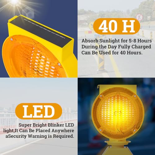 Solar Industrial Warning Lights,Wireless Waterproof Rechargeable Safety Barricade Warning Lights,Traffic Signal Flashing 2 Sided Visibility Amber LED (Amber)