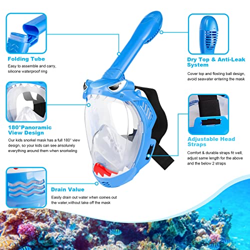 Kids Full Face Snorkel Mask - 180° Panoramic View, Blue