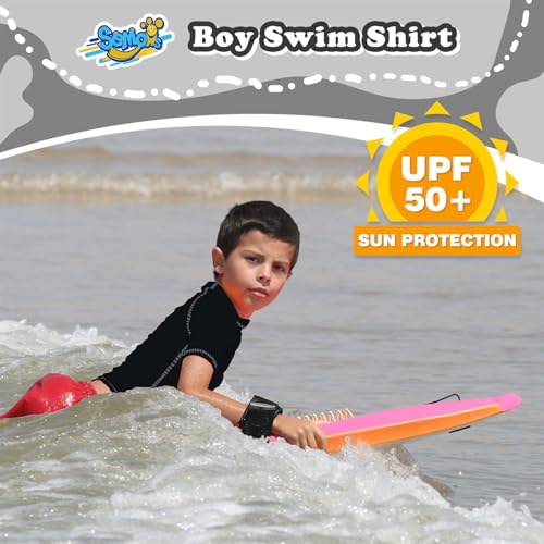 Boys Rash Guard Swim Shirt - Short Sleeve, UPF 50, Black, 12-14 Years