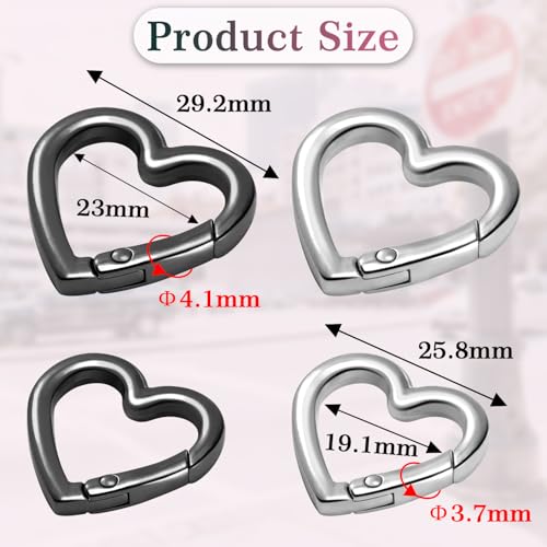 Heart Carabiner Keychain Clips - Metal Spring Hooks 25mm & 29mm (Silver, Black)