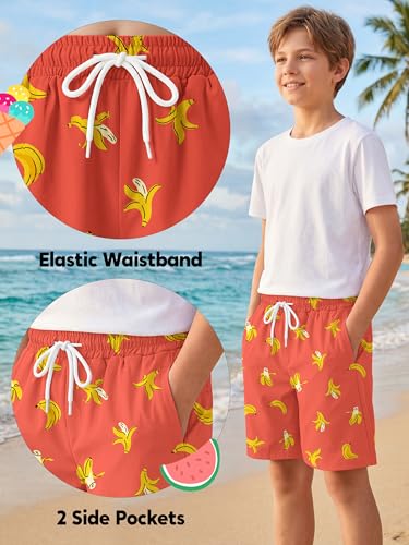 Boys Swim Trunks with Boxer Liner - UPF 50+ Quick Dry, 7-8 Years Pink Banana
