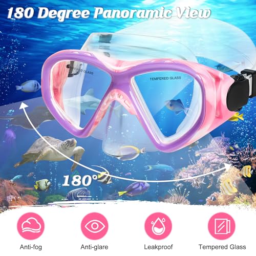 ACQCES Kids Swim Goggles Snorkel Mask 5-15, Anti-Fog, Pink Purple