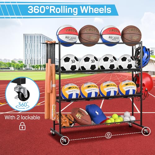 4-Tier Ball Storage Rack with Wheels for Garage & Sports Equipment