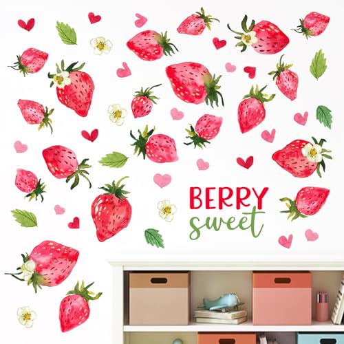 Mfault Spring Summer Strawberry Wall Decals Stickers, Berry Sweet Fruit Love Heart Decorations Girls Bedroom Art, Home Kitchen Kids Room Living Room Bathroom Decor