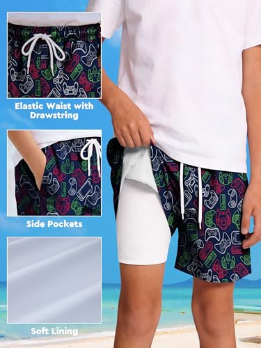 Boys Swim Trunks with Boxer Liner - Game Theme, 8-10 Years