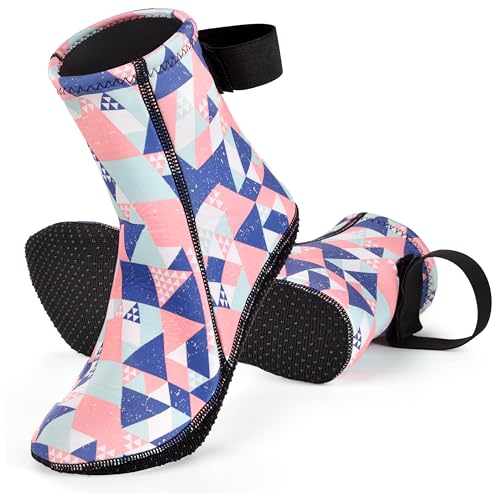Kids Water Socks 3mm Neoprene Beach Dive & Swim Shoes Pink Plaid 9-10 - Anti Slip