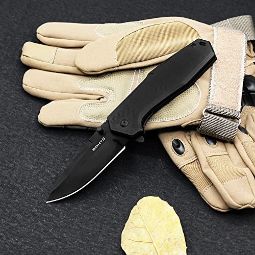 EDC Pocket Folding Knife - 3.54" Stainless Steel Black Blade, G10 Scales Liner Lock, Men Women Camping Knives with Clip EMH03