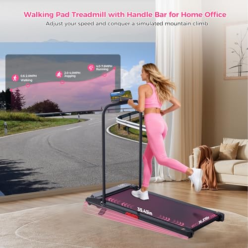 Portable Treadmill with Handle Bar - Compact Under Desk Walking Pad, 0.6-7.6MPH, Supports 350LBS