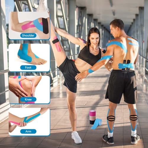 Waterproof Kinesiology Tape - 4 Rolls for Muscle Pain Relief - Black, Skin, Pink, Light Blue