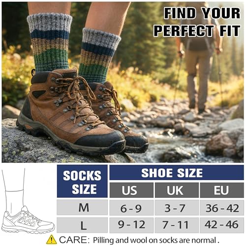 Merino Wool Hiking Socks 5 Pairs — Thermal, Moisture-Wicking Cushioned Crew Socks for Men