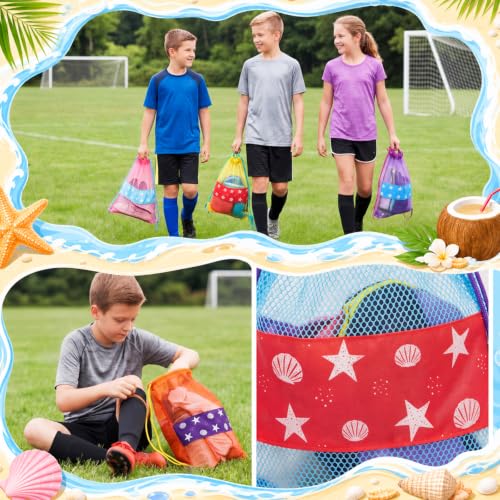 Beach Toy Mesh Bags - 12 Pcs Drawstring Backpack Set - Seashell
