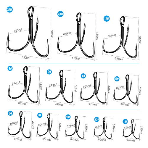 High Carbon Steel Treble Hooks - 20 Pack, Size 14, Black Chrome