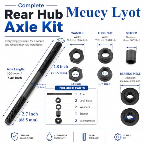 190MM Bicycle Rear Hub Axle Kit - 3/8 Inch Black, Durable Design