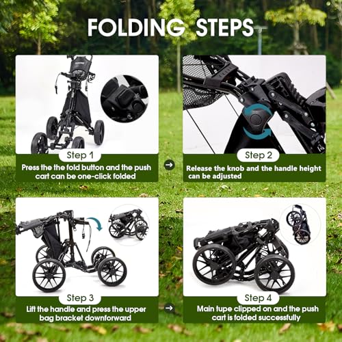 Golf Push Cart 4-Wheel Folding Trolley with Cup Holder & Cooler Bag - Black