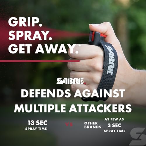 SABRE Runner Defense Spray, 3-in-1 Formula Contains Pepper Spray, CS Military Tear Gas & UV Marking Dye, Max Strength, Reflective Hand Strap, 4X longer spray time, Secure & Easy to Use Safety