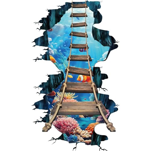 PLIGREAT 2 Sheets 3D Floor Stickers, Undersea Bridge Wall Decals Vinyl Sea World Ocean Bridge Wall Stickers Removable Peel and Stick Wall Decor for Bedroom Bathroom Living Room Nursery School