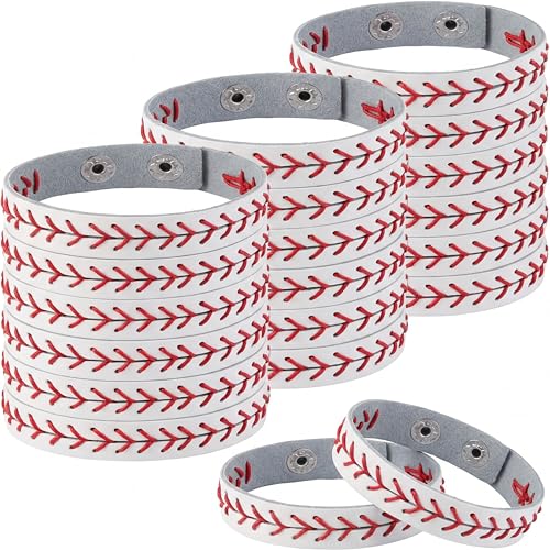 20 Pcs Genuine Leather Baseball Wristbands - Red Stitching