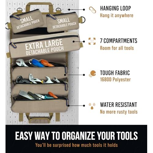 TOUGHEST Roll Up Tool Bag Organizer - 7 Pouches (3 Detachable) Compact Portable Tool Storage Box - 1680D Waterproof Small Tool Bag for Car - Gifts for Dad Mechanic Electrician