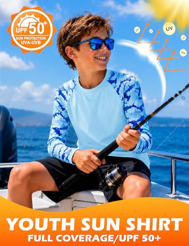 Boys' Long Sleeve Rash Guard Swim Shirt - UPF 50+, 8-10 Years A-light Blue