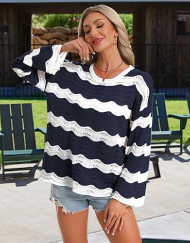 Women's Long Bell Sleeve Crochet Cover Up - Loose Mesh Striped Top