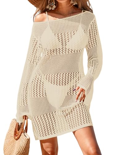 Womens Crochet Boat Neck Swimsuit Cover Up Mini Dress - Medium Apricot