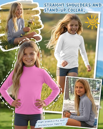Kids' Long Sleeve Rash Guard Swimwear - UPF 50+, Mock Neck, 3 Pack - Pink, Gray, White | Ages 13-14