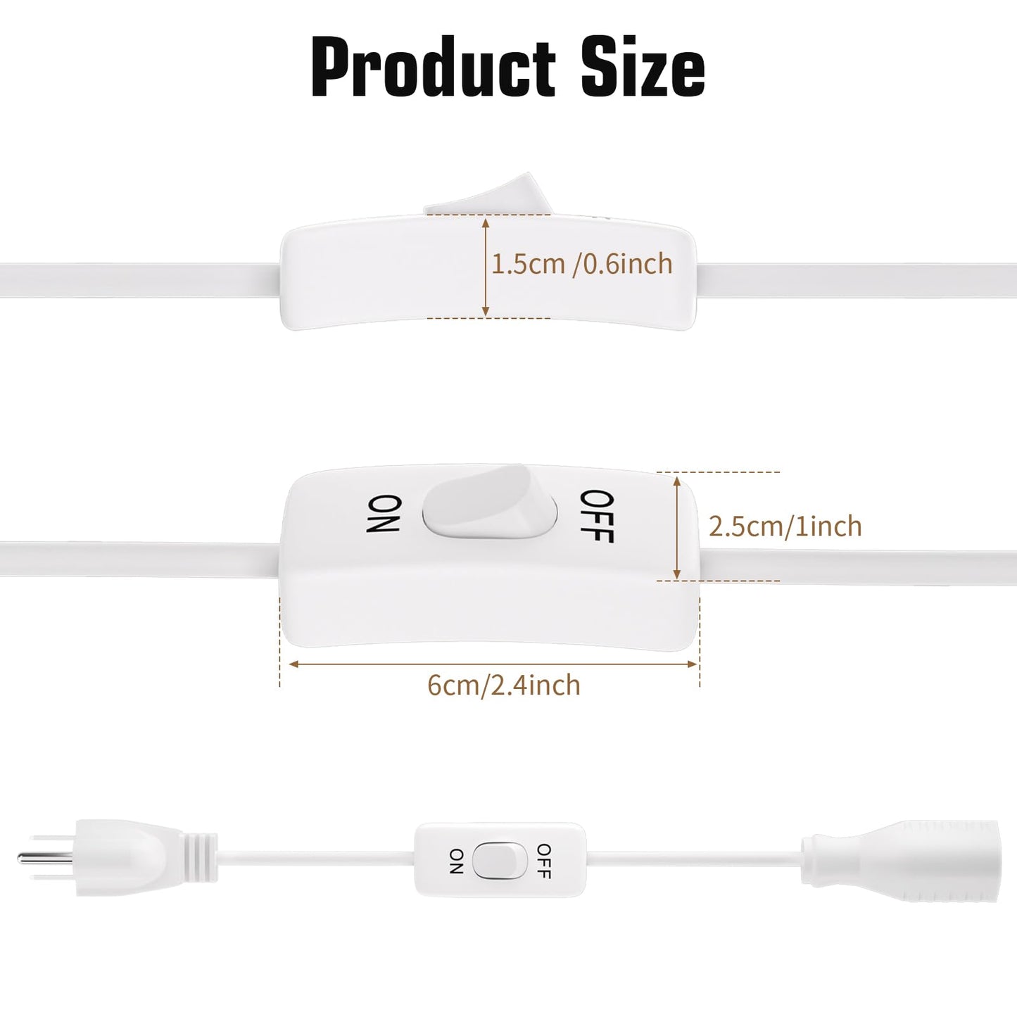 Muelnmey Extension Cord with Switch On/Off 3 Prong,1625W 18AWG White Indoor Power Cord,3A 125V NEMA 5-15P to NEMA 5-15R Grounded Plug Receptacle 3FT