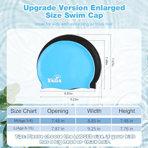 Kids Swim Caps for Long Hair - 2 Pack Silicone, Black & Blue