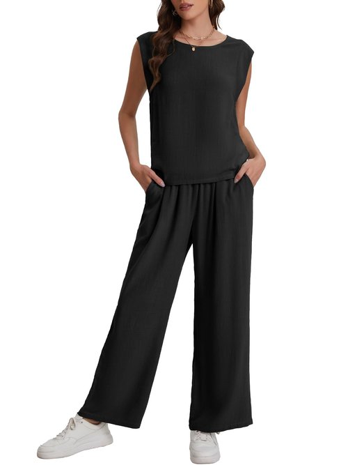 Bloggerlove Womens Summer 2 Piece Outfits Sleeveless Tank Top Wide Leg Pants Linen Jumpsuits Lounge Matching Beach Sets