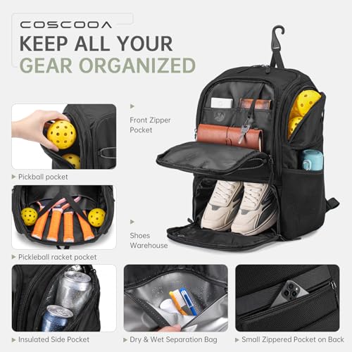 COSCOOA Black Large Pickleball Bag with Shoe Compartment 27L Backpack