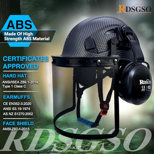 Chainsaw Safety Hard Hat with Mesh Face Shield & Ear Muffs - Matte Black