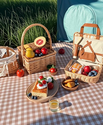 Wind Tour Waterproof Picnic Blanket 59x71 inches, Foldable Sandproof Outdoor Mat with Carry Strap, Coffee Grid Pattern