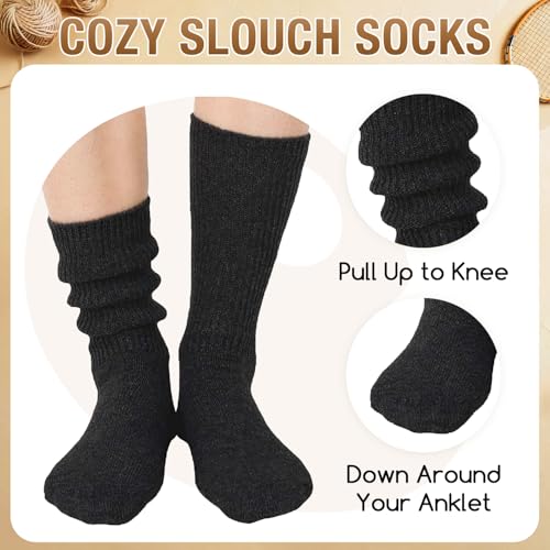 Women's Chunky Wool Slouch Socks - Scrunch Stacked Long Socks - Black Medium