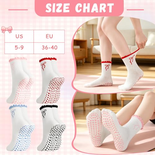 Pilates Grip Socks for Women - Non-Slip, 4 Pairs in Pink, Blue, Black, Red