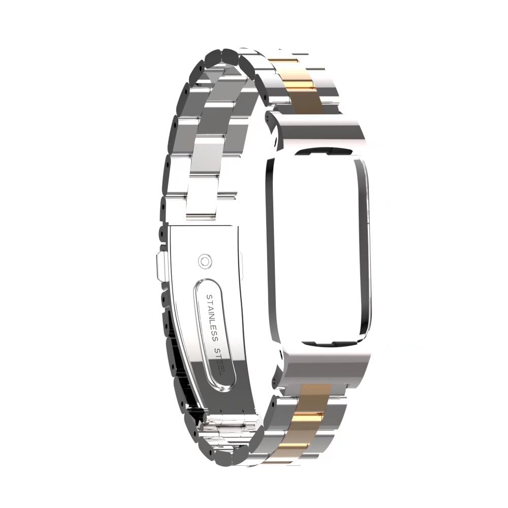 T-BLUER Compatible with Fitbit Luxe bands,Stainless Steel Metal Replacement Strap Wrist Band Compatible for Luxe Fitness Tracker,Silver Gold