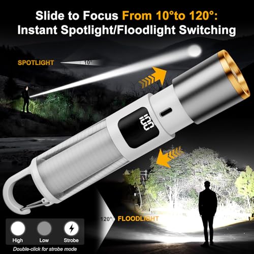 SKYFIRE LED Rechargeable Flashlight with Ambient Lamp,2000lm Super Bright Flashlight with Hook,7 Modes,3 Colors,Zoomable Flashlights High Lumens for Camping Essentials,Outdoor,Home Emergency&Gifts