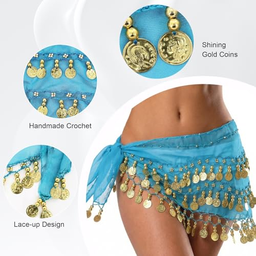Belly Dance Hip Scarf - 3-Layer Gold Coin Design - Lake Blue