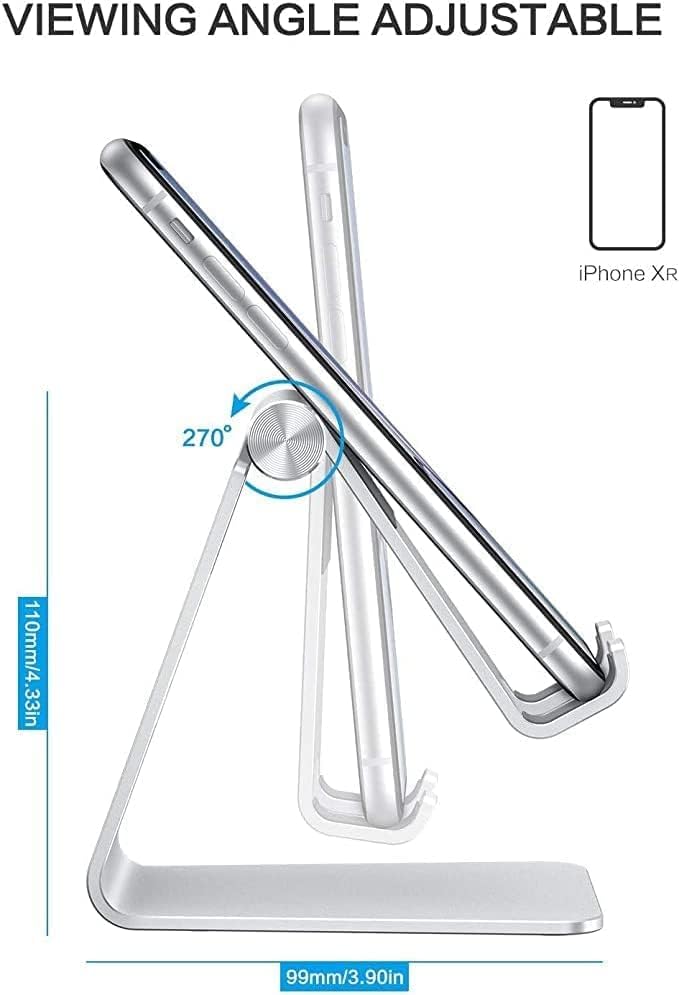 OMOTON Adjustable Cell Phone Stand - Aluminum Desktop Holder with Anti-Slip Base & Charging Port | Fits All Smartphones, Silver