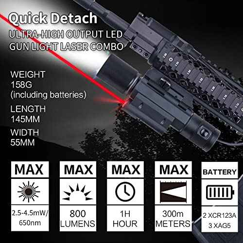 Red Laser Sight Combo, 800 Lumens Tactical Long Gun Flashlight 4 Modes Rail Mounted with Remote Pressure Switch