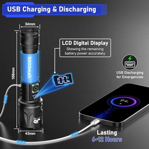 JAY-PARK 100000 Lumen Rechargeable LED Flashlight Black, 5000mAh Battery, Waterproof